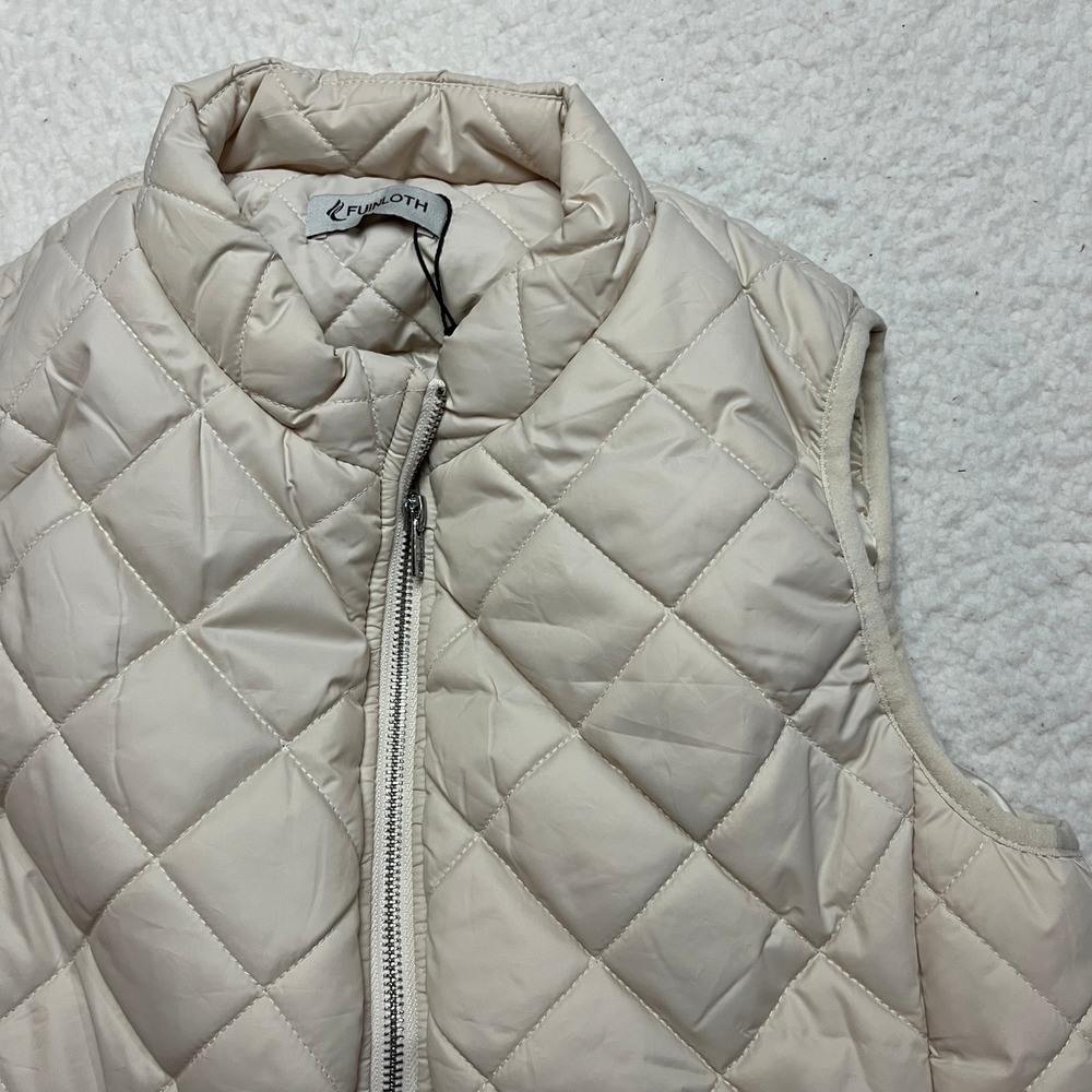 Fuinloth Quilted Puffer Vest Womens Small Beige Full Zip Lightweight Sleeveless